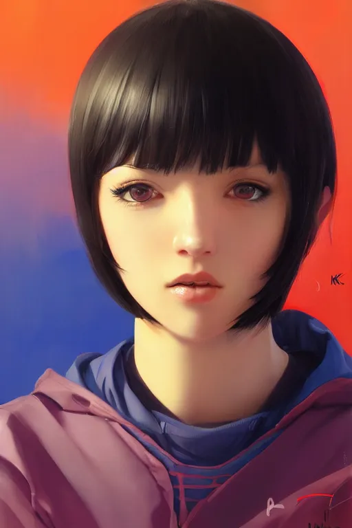 Prompt: a portrait of a cute female athlete with black bob cut hair, sports setting, vivid colors, soft lighting, atmospheric, cinematic, moody, in the style of Ilya Kuvshinov and Range Murata, Krenz Cushart, oil on canvas, 8k