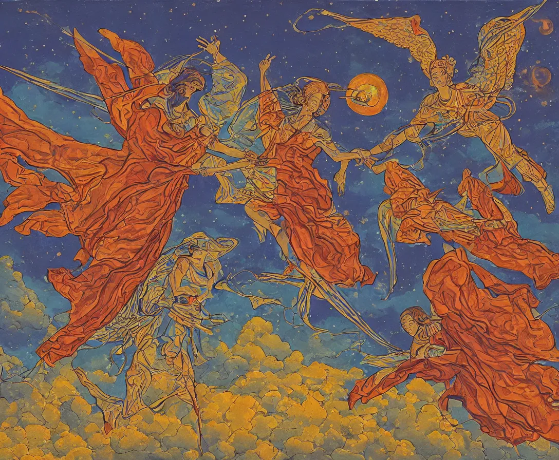 Image similar to two sacred angels fighting in the skies of seattle, gouache, stylised, by mati klarwein and moebius