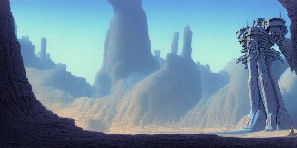 Image similar to grainy matte painting of gigantic huge mech with huge swords, pastel matte colors, staying in the toxic blue canyon, by moebius, hyperrealism, intricate detailed