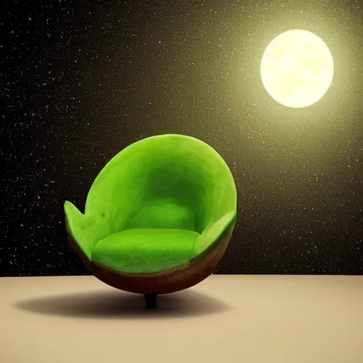 Image similar to a green avocado armchair on the moon, illuminated by narrow light beam , fantasy illustration, trending on artstation, deviantart, very realistic, 4k