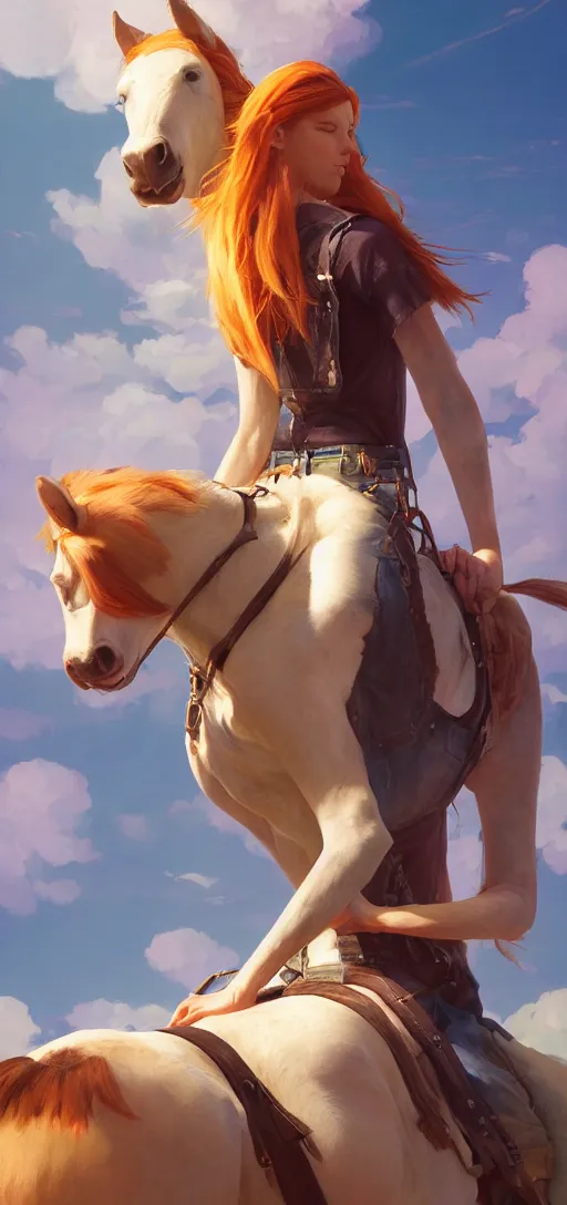 Image similar to southern ginger woman in ripped overalls riding a horse with a white mane, airbrushed, hazy, gentle, soft lighting, wojtek fus, by makoto shinkai and ilya kuvshinov,