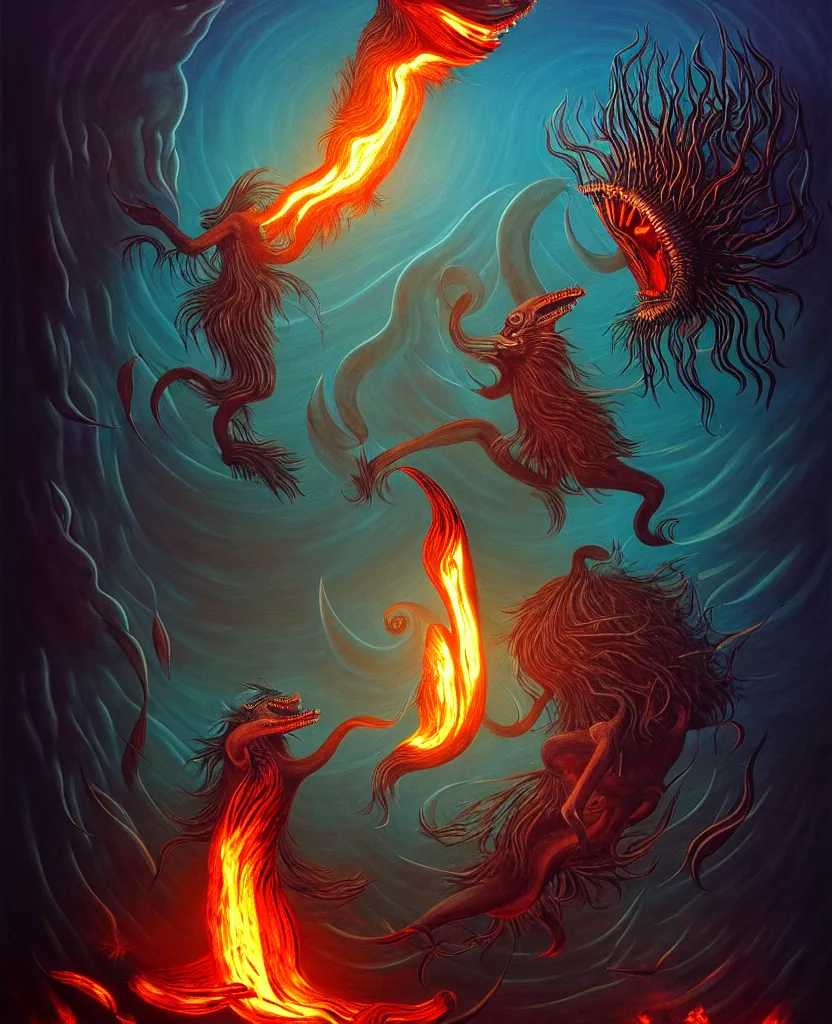 Image similar to mysterious bestiary of wild emotion monsters repressed in the deep sea of unconscious of the psyche lead by baba yaga, about to rip through and escape in a extraordinary revolution, dramatic fire glow lighting, surreal painting by ronny khalil