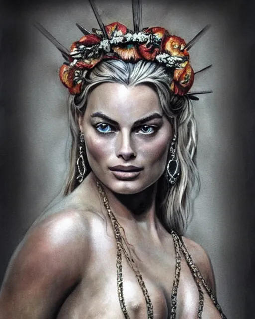 Image similar to realism tattoo sketch of margot robbie as a beautiful greek goddess aphrodite with piercing eyes wearing a laurel wreath and triangle earrings, in the style of greg rutkowski, amazing detail