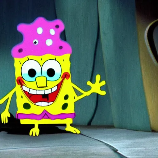 Image similar to spongebob squarepants, evil, sharp teeth, bad teeth, angry, horror, dramatic