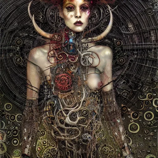 Prompt: horned cybernetic demon lovers trapped in circuitry, intricate detail, klimt, royo, whealan,