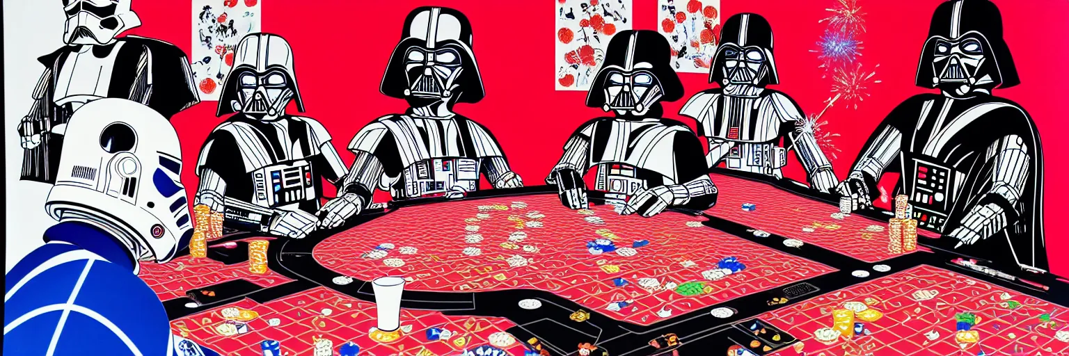 Image similar to hyperrealism composition of the detailed woman in a japanese kimono sitting at an extremely detailed poker table with darth vader and stormtrooper, ( ( r 2 d 2 ) ), ( ( c 3 po ) ), fireworks on the background, pop - art style, jacky tsai style, andy warhol style, acrylic on canvas