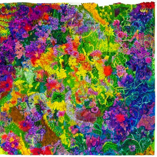 Image similar to This illustration is a large canvas, covered in a wash of color. In the center is a cluster of flowers, their petals curling and twisting in on themselves. The effect is ethereal and dreamlike, and the overall effect is one of serenity and peace. by Pipilotti Rist, by Tom Hammick, by Heather Theurer blocks