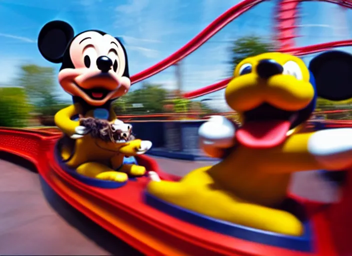 Image similar to film still of a dog riding a roller coaster in disneyland paris, 8 k