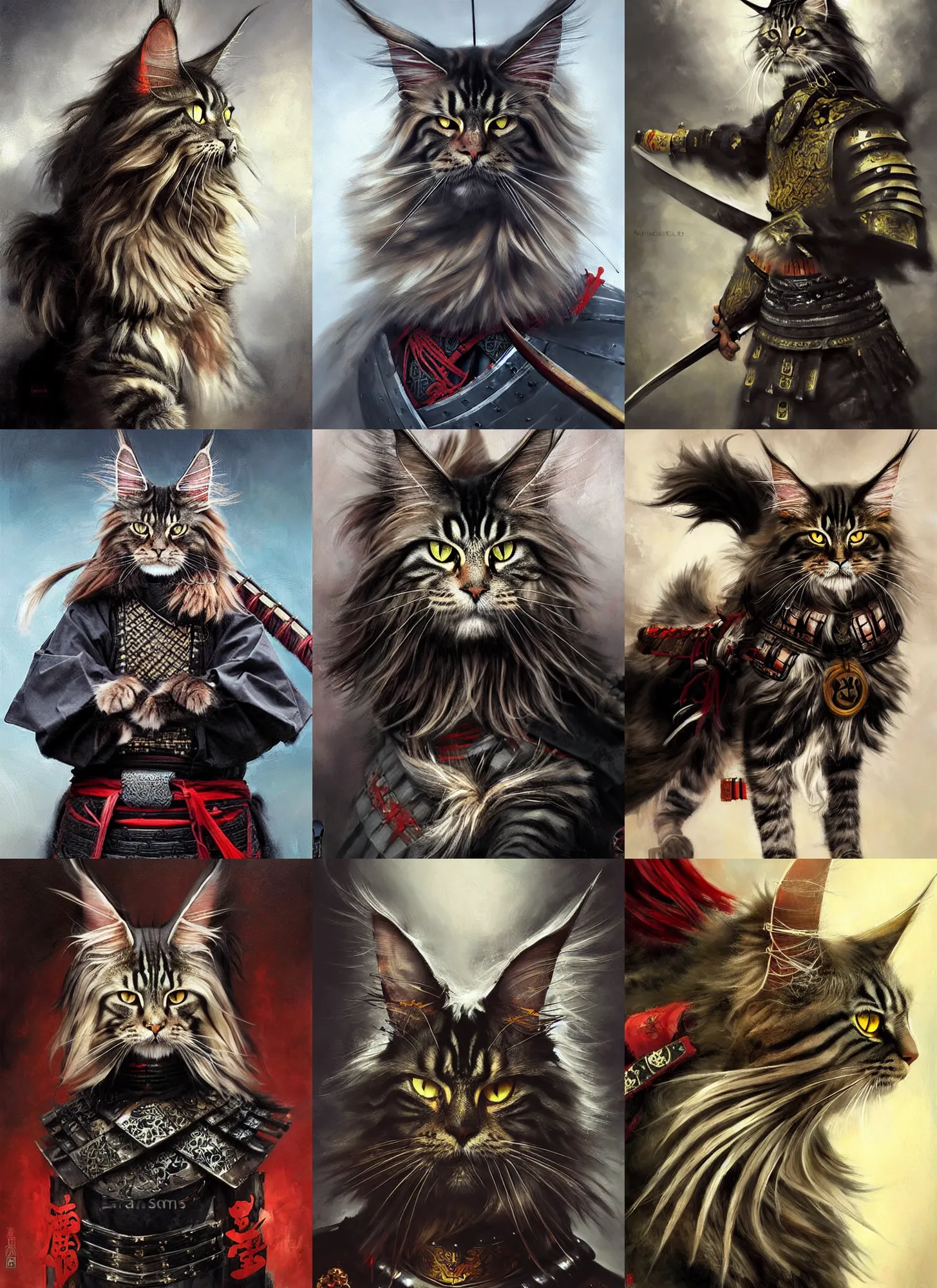 Prompt: Serious looking MaineCoon cat, dressed in Samurai armour, clothed in old samurai uniform,japanese warrior, painting by Raymond Swanland