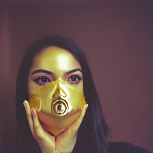 Prompt: photo of woman wearing a gold plated face mask, cinestill, 800t, 35mm, full-HD