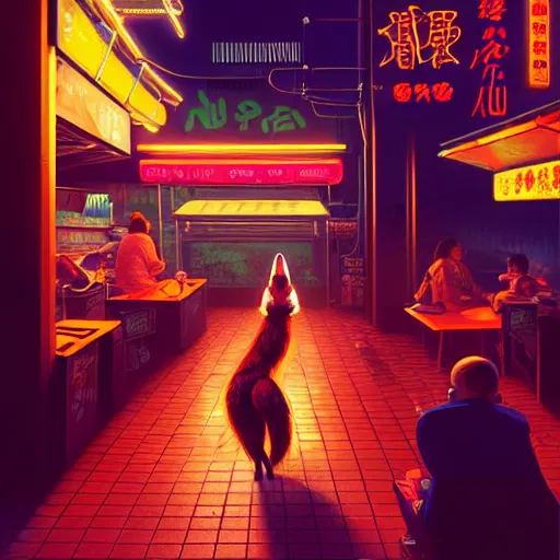 Image similar to illustration of an anthropomorphic vulpes vulpes fulva woman at a noodle stand eating ramen in the crowded street of a cyberpunk city, rain, harsh neon lighting, realistic, ultra detailed, by greg rutkowski, wlop, sakimichan, artgerm