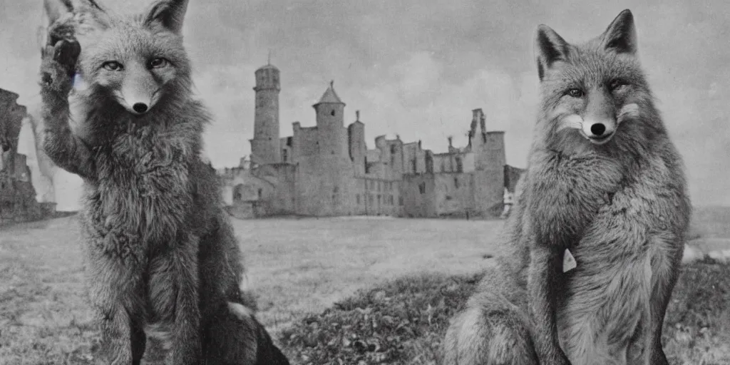 Prompt: anthropomorphic fox who is a medieval knight in front of a castle 1 9 3 0 s film still, ladislas starevich