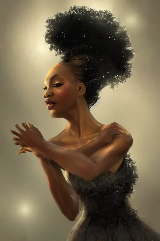 Image similar to black prima ballerina, gorgeous, ethereal, intricate, elegant, volumetric lighting, nature scenery, digital painting, highly detailed, artstation, sharp focus, illustration, concept art, clive barker