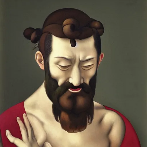 Prompt: portrait painting of crying Michelangelo di Lodovico with topknot in the style of japanese cartoon