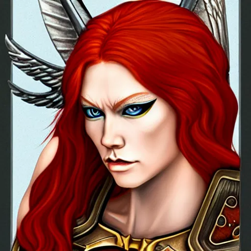 Prompt: A portrait of a beautiful redhead valkyrie as a D&D character, realistic, smooth skin, symmetrical, golden ration