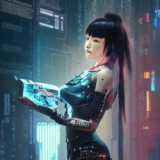 Image similar to cyberpunk japanesse girl, with techware, d & d, intricate, elegant, highly detailed, digital painting, japanese, altered carbon style, trending on artstation, concept art, studio ghibli, illustration, art by artgerm and greg rutkowski and alphonse mucha