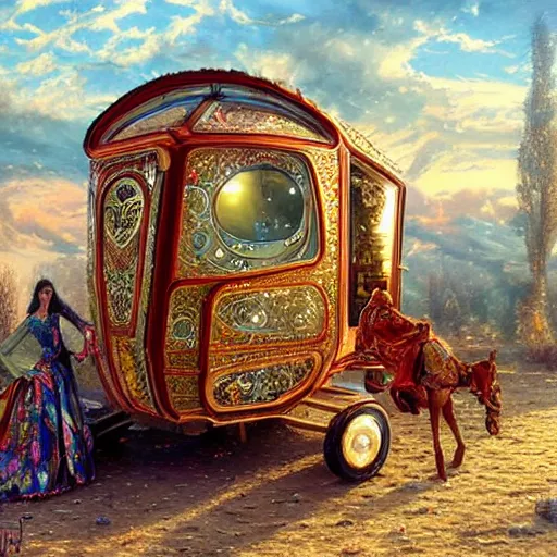 Prompt: a futuristic neo - gypsy caravan, decorated polished wood, lace and velvet and silk material, volume light, hyper realistic highly detailed 4 k by karol bak and thomas kinkade