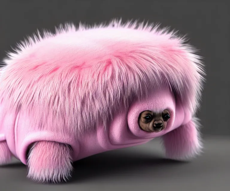 Image similar to high quality 3 d render hyperrealist very cute small tardiradiant, plush mascot, short spiky dense fluffy smooth hair, photo from the side, pink fluffy fur, 1 5 0 mm, beautiful natural soft light, rim light, vray, smooth background, artstation, ultra detailed