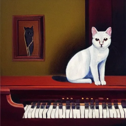 Prompt: an cat playing piano, oil painting,