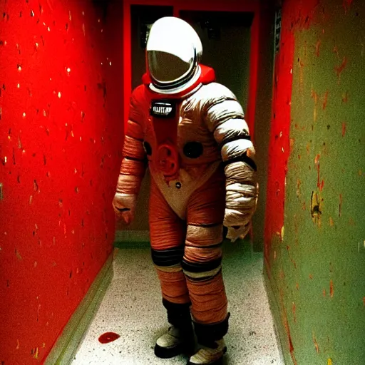 Prompt: lomo photo of reptilian in spacesuit staying in front of abandoned hospital, red splatters on the walls, dark, moody, foggy, gloomy