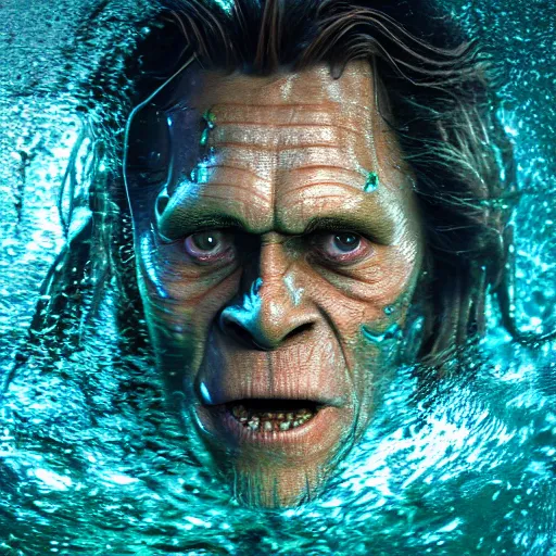 Prompt: Willem Dafoe face, Davy Jones, pirates of the caribbean, octane render, super realistic, portrait shot, under water, light particles, blue and green color