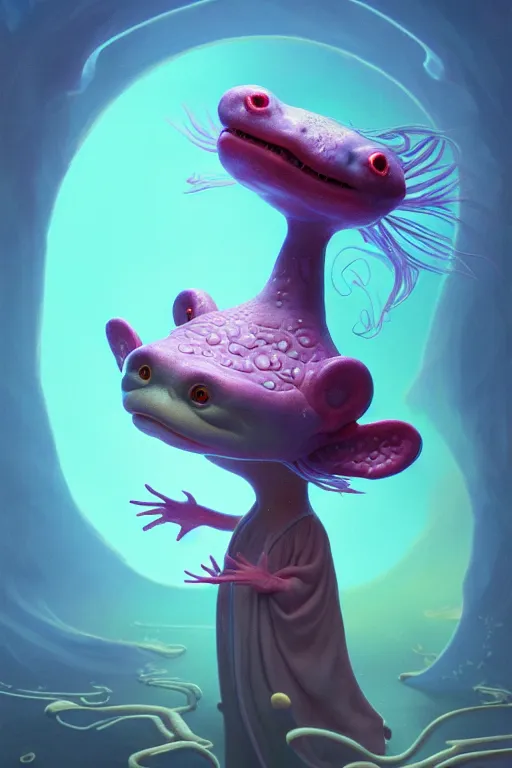 Image similar to Bioluminescent, portrait of axolotl wearing wizard hat, very intricate , trending on artstation , very elegant, in the golden hour by Daniel Merriam, Trending on Artstation, oil on Canvas by Elena Zhurikhina and Goro Fujita and Charlie Bowater, octane render, 4k, 8k, HD