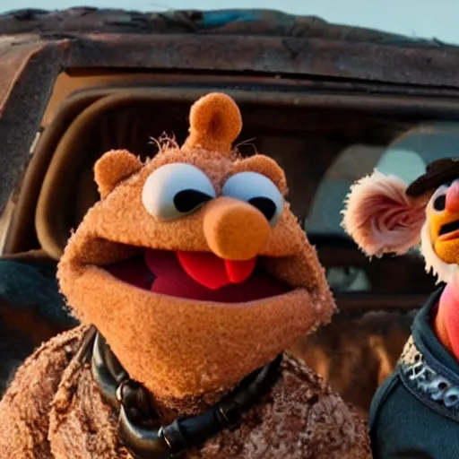 Image similar to a film still of muppets in 'Mad Max: Furry Road' (2015)