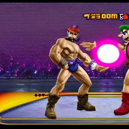 Prompt: A muscular manly Waluigi In Tekken. PSX style graphics, combo alerts on the screen. In battle Elon Fighting Jin Tekken 7.