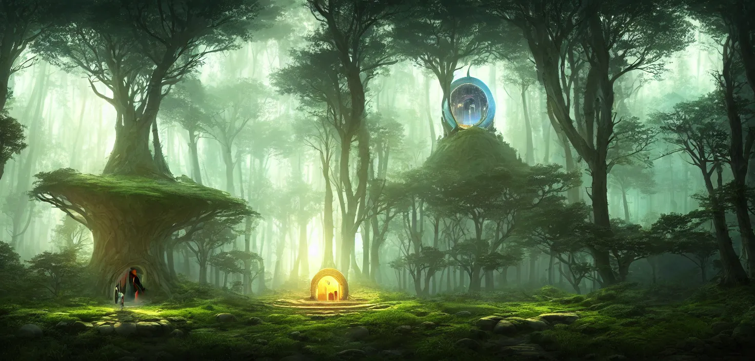 Prompt: random mystic forest huge house landscape, big round glowing magic portal house, central symmetrical composition, incredible, vector art, octane render, fabulous, hyper detailed, random cinematic view, no noise, global illumination, warm lighting, volumetric, godrays, vivid, beautiful, by jordan grimmer