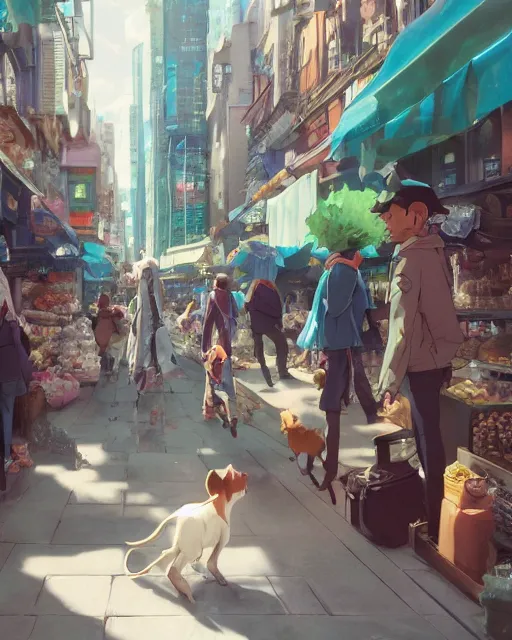 Prompt: a tiny dog walking through a crowded street filled with bodegas and food vendors, blue fur, a man is juggling avocados, Anime. Soft lighting, 8K, octane render. By Makoto Shinkai, Stanley Artgerm Lau, WLOP, Rossdraws, James Jean, Andrei Riabovitchev, Marc Simonetti, krenz cushart, Sakimichan, D&D trending on ArtStation, digital art.