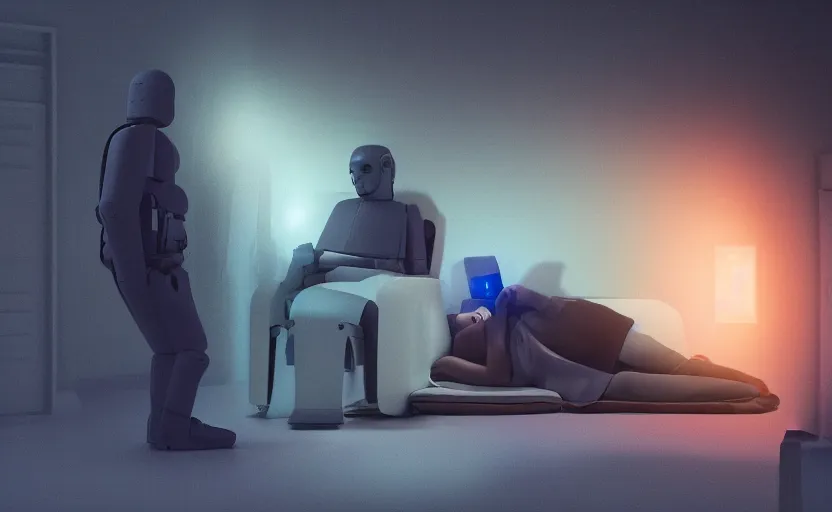 Prompt: human being stopped from sleeping by an intelligent android. painting, atospheric lighting, night, 8 k, sharp focus, global illumination, paid artwork, portfolio