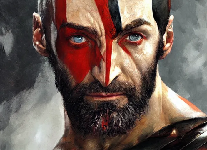 Image similar to a highly detailed beautiful portrait of hugh jackman as kratos, by gregory manchess, james gurney, james jean