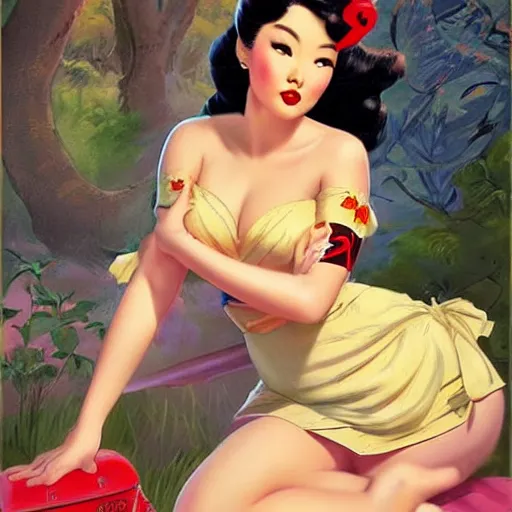 Image similar to pin - up portrait of a beautiful young curvaceous mulan, pretty long hair, intense flirting, showing curves, symmetrical face, digital art, smooth, extremely detailed,, by wu bayard, by gil elvgren, by ralph horsley, by hanks steve