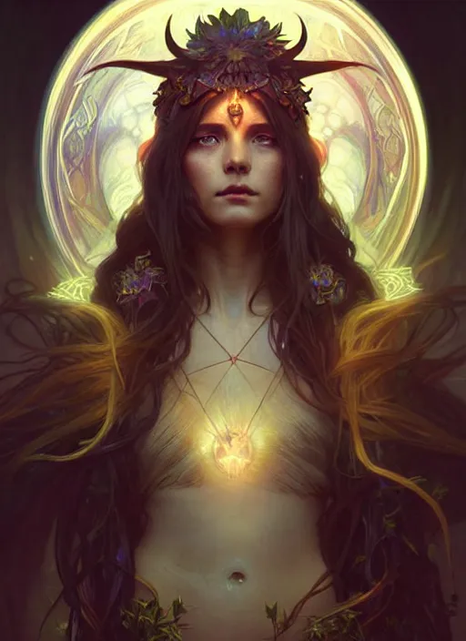 Image similar to a beautiful cinematic female druid goddess, galatic shamen with Quantum energy fantasy, fantasy magic, undercut hairstyle, dark light night, intricate, elegant, sharp focus, illustration, highly detailed, digital painting, concept art, matte, art by WLOP and Artgerm and Greg Rutkowski and Alphonse Mucha, masterpiece