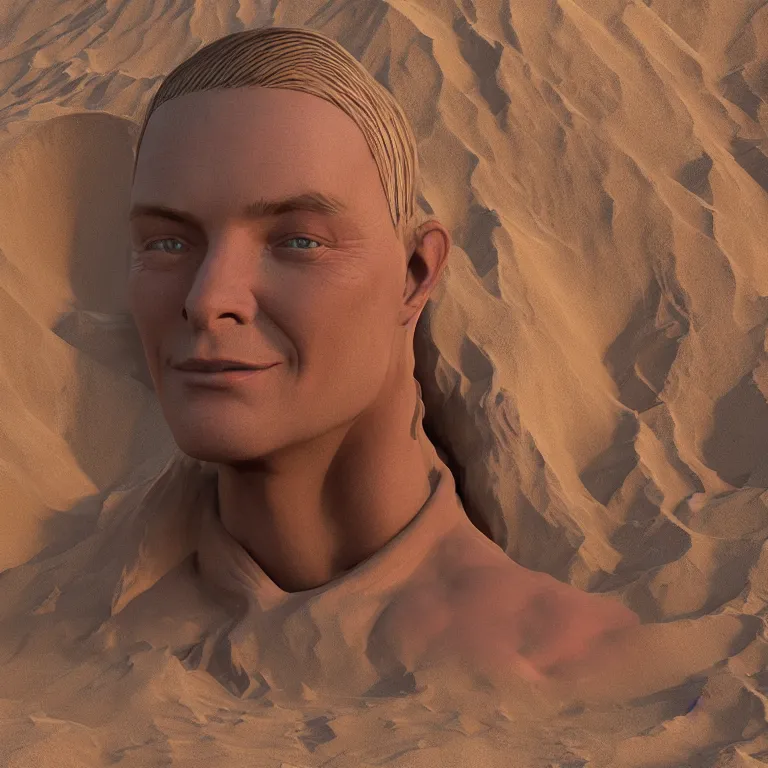 Image similar to octane render portrait by wayne barlow and carlo crivelli and glenn fabry, a beautiful symmetrical human face face inside of a gigantic huge colorful sand dune, inside a giant beautiful dessert at goldenhour, light beams, cinema 4 d, ray traced lighting, very short depth of field, bokeh