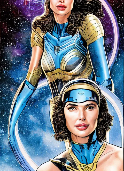 Image similar to portrait of gal gadot as a space ranger on an alien planet by clyde caldwell, rule of thirds