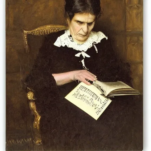 Image similar to scared victorian lady reading a book with an occult symbol on the cover, painted by alfred stevens