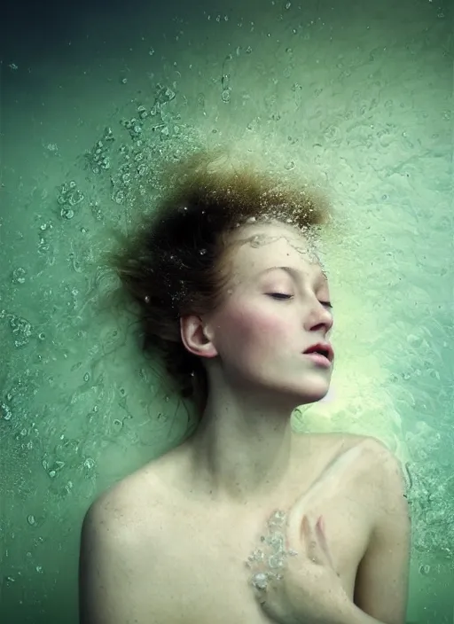 Image similar to Kodak Portra 400, 8K, soft light, volumetric lighting, highly detailed, britt marling style 3/4 by Martin Stranka , portrait photography of a beautiful woman with her eyes closed,inspired by Ophelia Millais Paint , the face emerges from water of Pamukkale, underwater face, anatomical real full body dressed ethereal lace dress floating in water surface , the hair are intricate with highly detailed realistic beautiful brunches and flowers like crown, Realistic, Refined, Highly Detailed, soft blur background, outdoor soft pastel lighting colors scheme, outdoor fine art photography, Hyper realistic, photo realistic