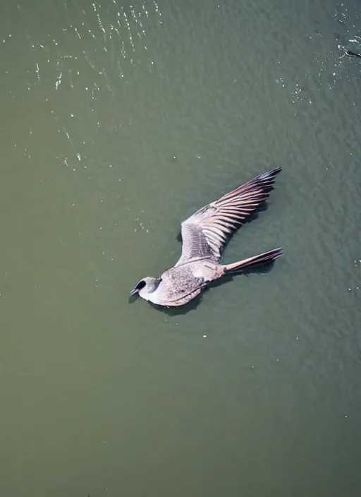 Prompt: bird swimming on its back, view from above, river, peaceful