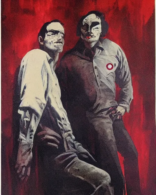 Image similar to two handsome but sinister men wearing oxford shirts in dead space, with haunted eyes, 1 9 7 0 s, seventies, wallpaper, a little blood, moonlight showing injuries, delicate embellishments, painterly, offset printing technique, by brom, robert henri, walter popp