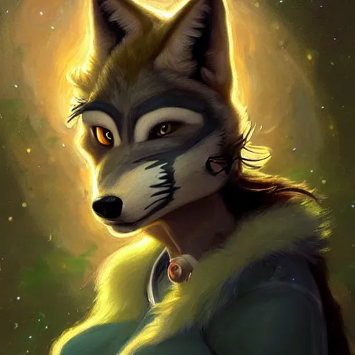 Image similar to a portrait of a female wolf wolfwoman canine alien in starfleet uniform at night in a dark forest. zootopia fursona furaffinity furry art detailed face painting by gaston bussiere craig mullins jc leyendecker gustav klimt artgerm greg rutkowski furry