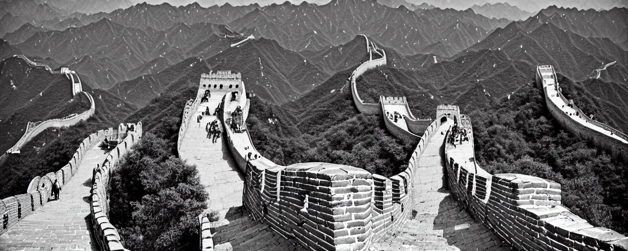 Image similar to spaghetti at the great wall of china, fine detail, canon 5 0 mm, in the style of ansel adams, kodachrome, retro