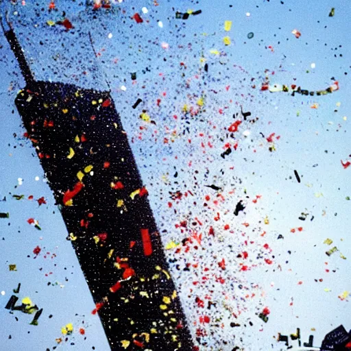 Image similar to twin towers 9/11 plane crash with confetti explosion