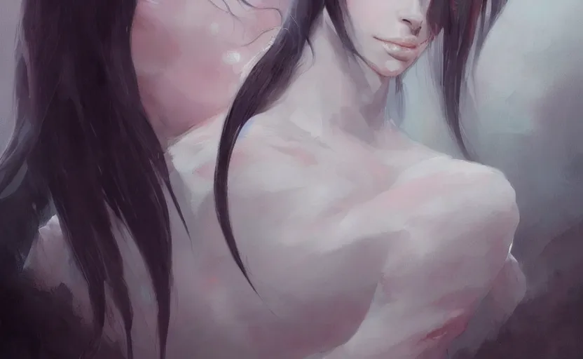 Image similar to a painting of aki trending on artstation in the style of greg rutkowski, beautiful, sensual, natural skin, horns on head, long black hair