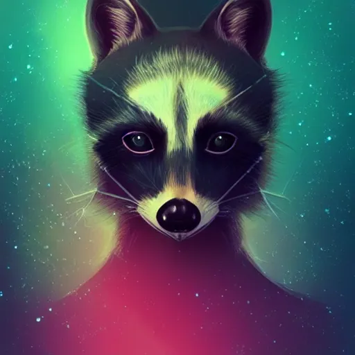 Image similar to portrait from a raccoon, feathers, bird, avian, wings, synthwave, universe background, nebula, galaxy, artstation