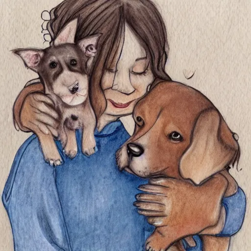 Prompt: detailed whimsical pencil and watercolor illustration of a mommy and a daddy dog hugging their puppy with all dogs eyes shut and happy expressions.