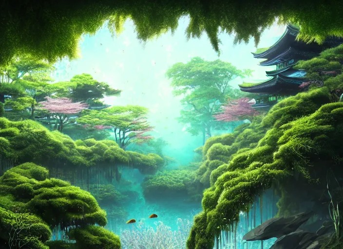 Image similar to overgrown foliage overtaking tall japanese architecture, underwater environment, borealis, scenery, professional, award - winning, trending on artstation, hyper detailed, realistic, beautiful, emotional, shiny, golden, picture