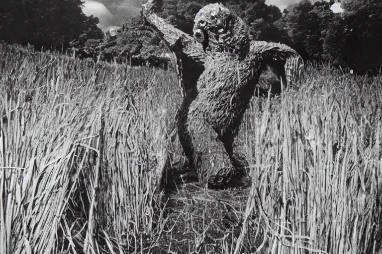 Prompt: at the festival of the Wicker Man in a small Scottish village, a giant towering Godzilla made of reeds burns, villagers watch, photojournalism, 1967, photorealism, very realistic, in the style of Midsommar, 50mm lens, Kodak 5219 film