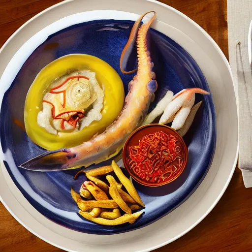 Image similar to a squid in the middle of a dinner table, there are plates setup, realistic hd photo