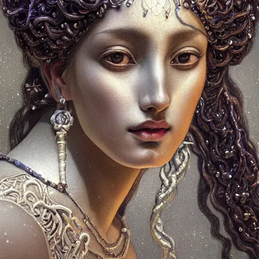 Prompt: baroque neoclassicist closeup renaissance portrait of a beautiful moon goddess with stars in her hair, reflective detailed textures, glittering silver ornaments, dark fantasy science fiction painting by diego rivera and jean delville and ruan jia and nicholas roerich and annie swynnerton, dramatic lighting, gleaming silver and soft muted colors, floral tattoos, artstation, octane render